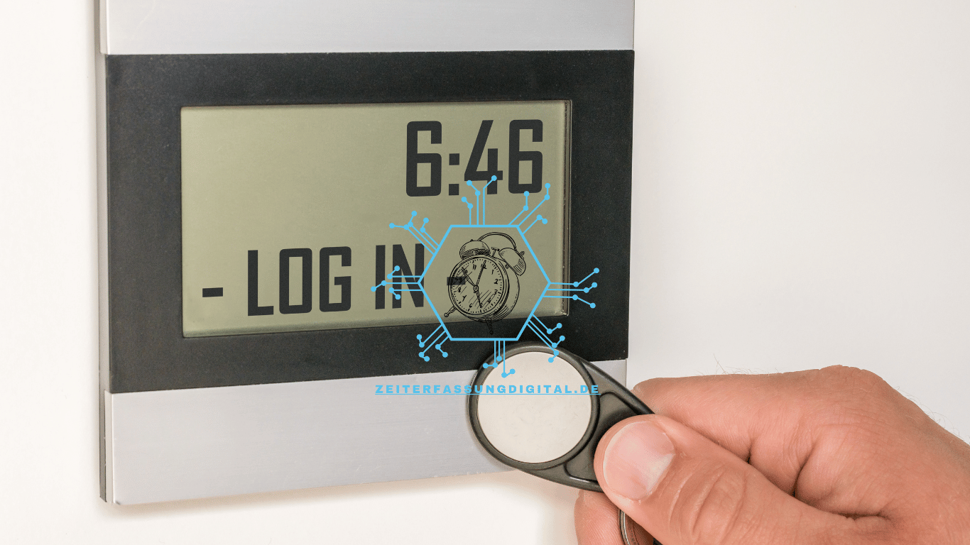 Moderne digitale Zeiterfassungsterminals in einem Büroumfeld, symbolisierend die fortschrittliche Arbeitszeitüberwachung und -verwaltung.