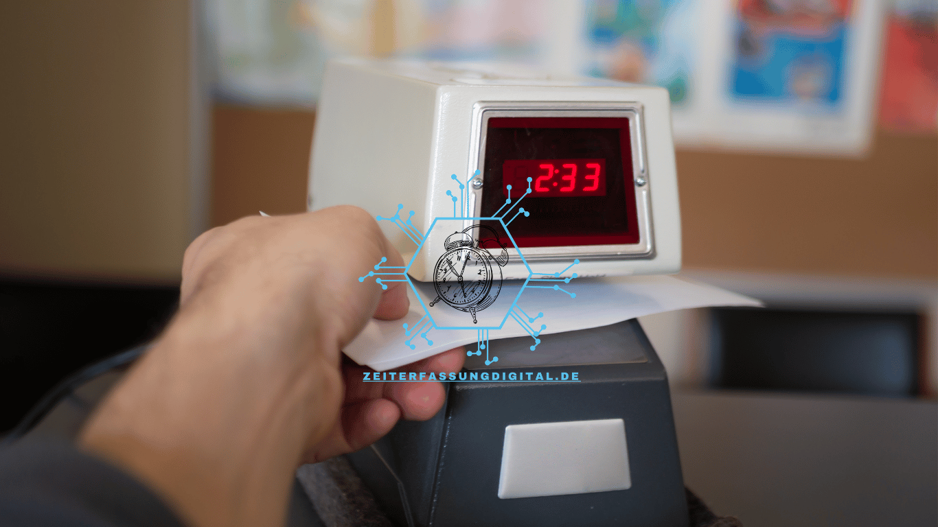 Moderne digitale Zeiterfassungsterminals in einem Büroumfeld, symbolisierend die fortschrittliche Arbeitszeitüberwachung und -verwaltung.